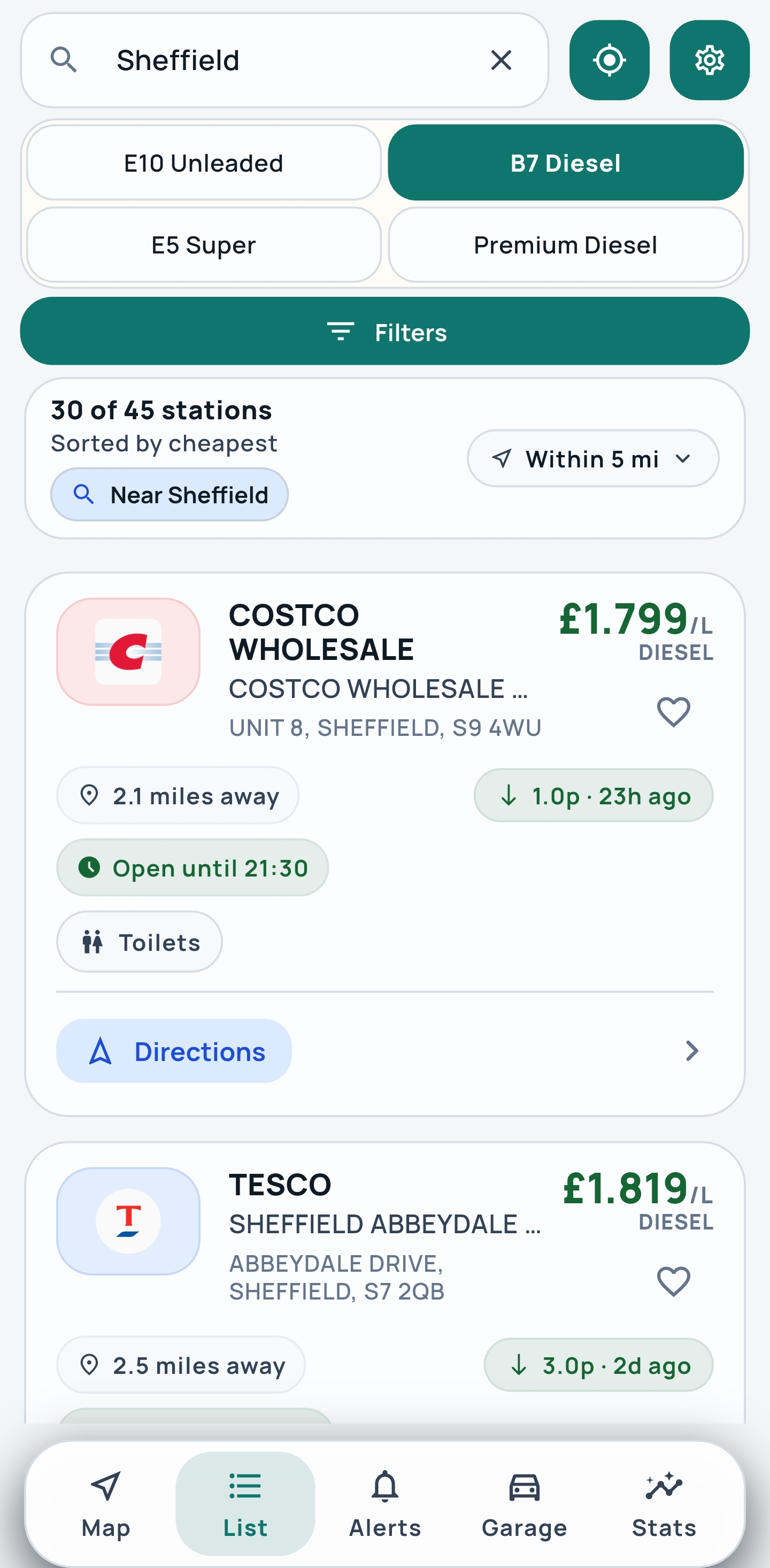 PumpPilot nearby station list showing diesel prices around Sheffield