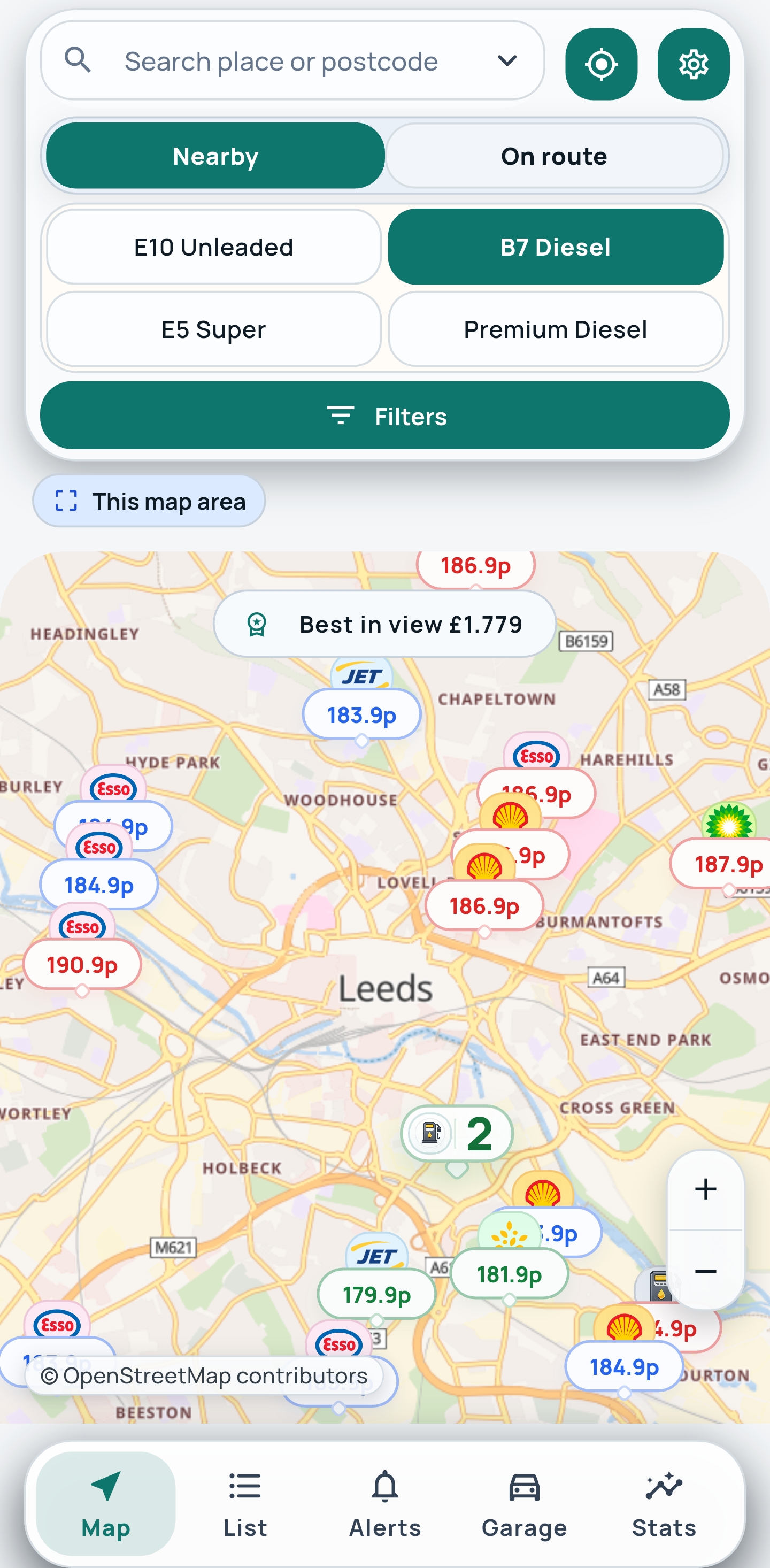 PumpPilot nearby map showing diesel prices around Leeds