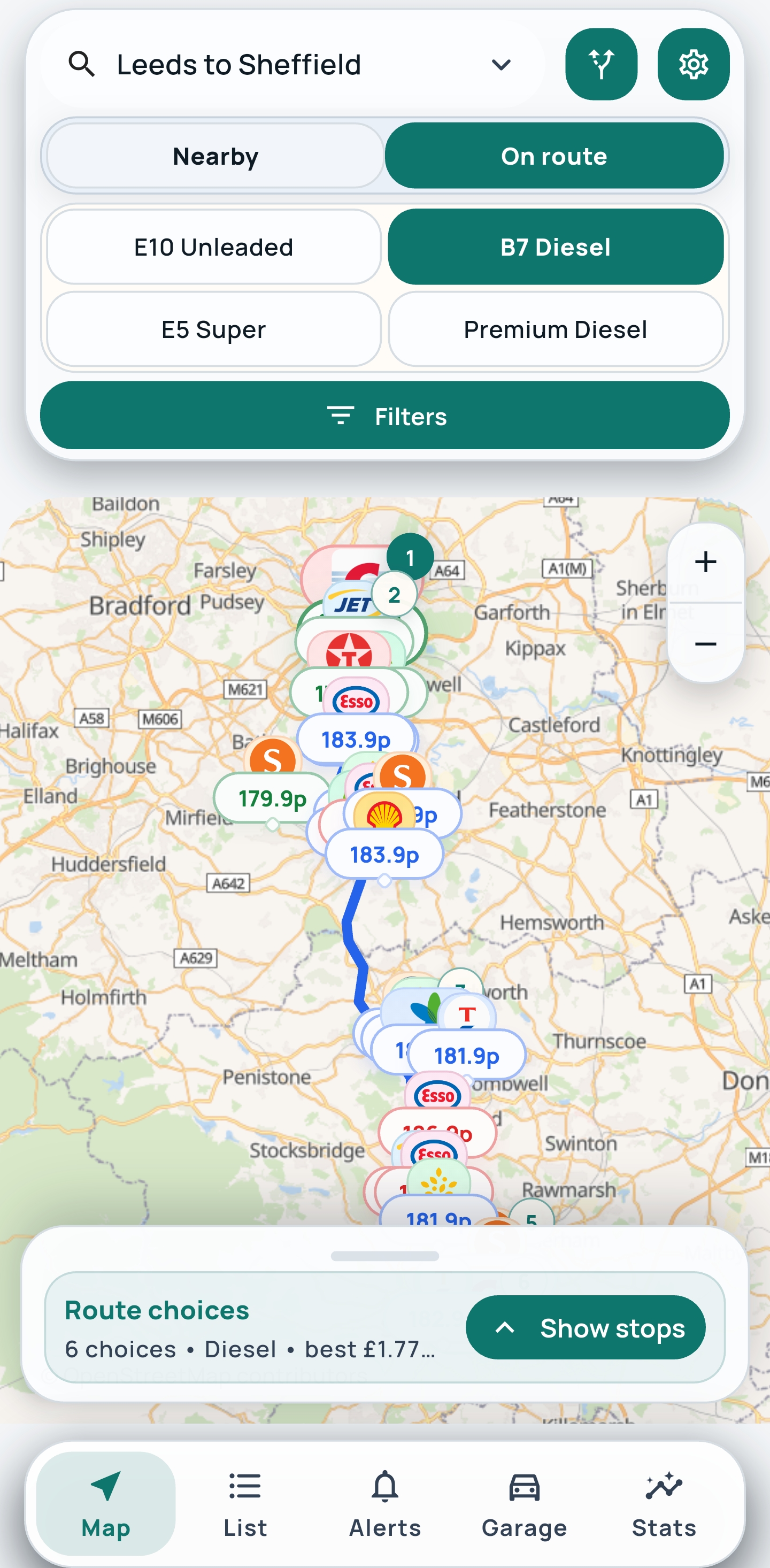 PumpPilot Route Map showing fuel stops between Leeds and Sheffield